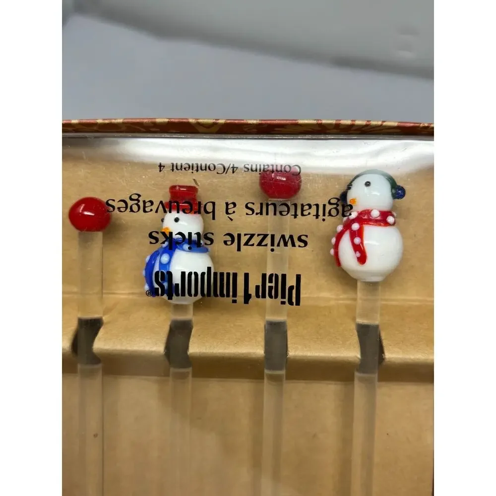 Pier 1 Glass Snowman Swizzle Sticks Set Of 4 White‎ and Clear 8